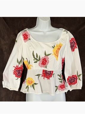 Anthropologie Maeve White Floral Embroidered Roses Blouse